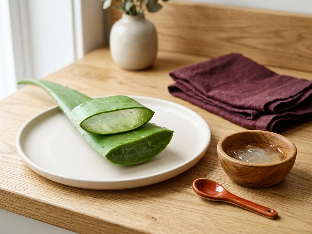 Tranche d'aloe vera fraîche révélant son gel hydratant pour un soin visage naturel et apaisant.