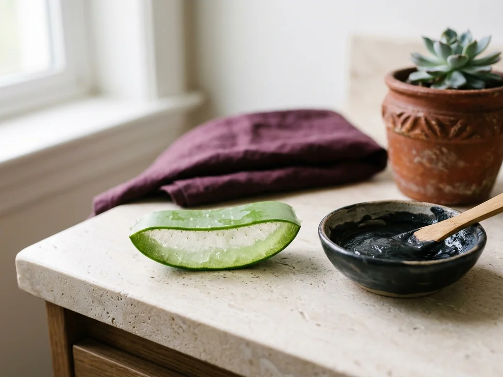 Préparation de masque maison noir contre les points noirs, accompagnée d'une feuille d'aloe vera fraîche.