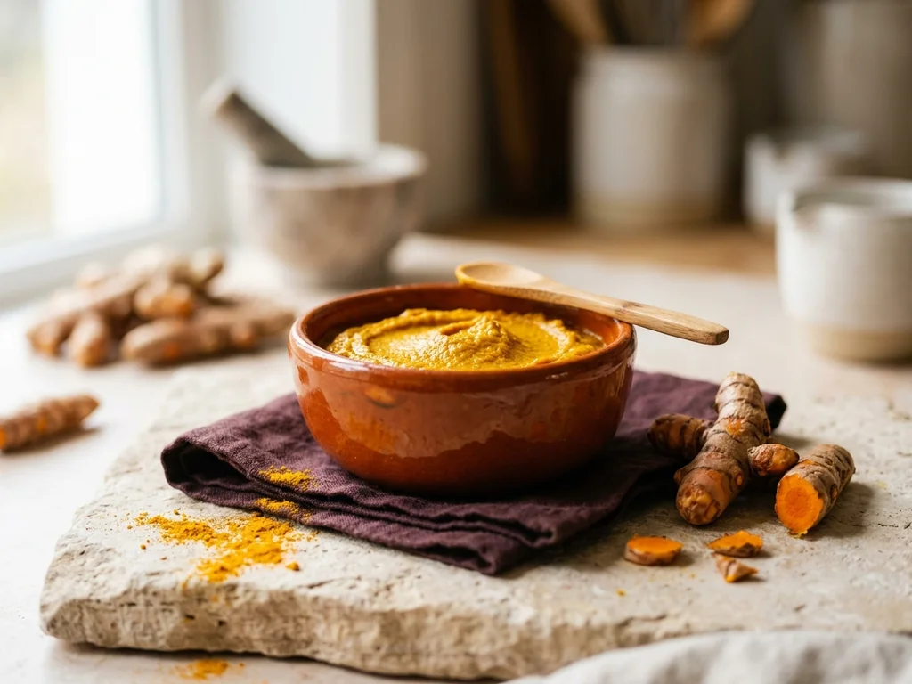Bol de préparation pour masque au curcuma fait maison aux vertus purifiantes.