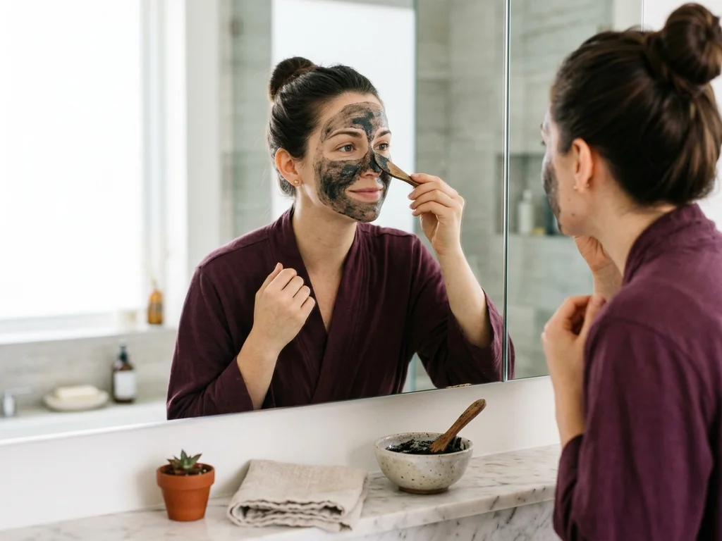 Femme appliquant un masque maison au charbon pour purifier les points noirs du visage.
