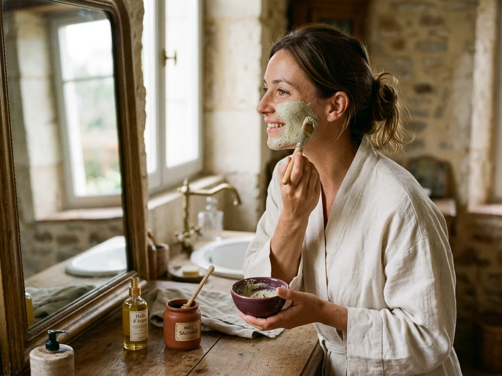 Femme appliquant un masque naturel à l'argile, illustrant un soin visage fait maison bienveillant.