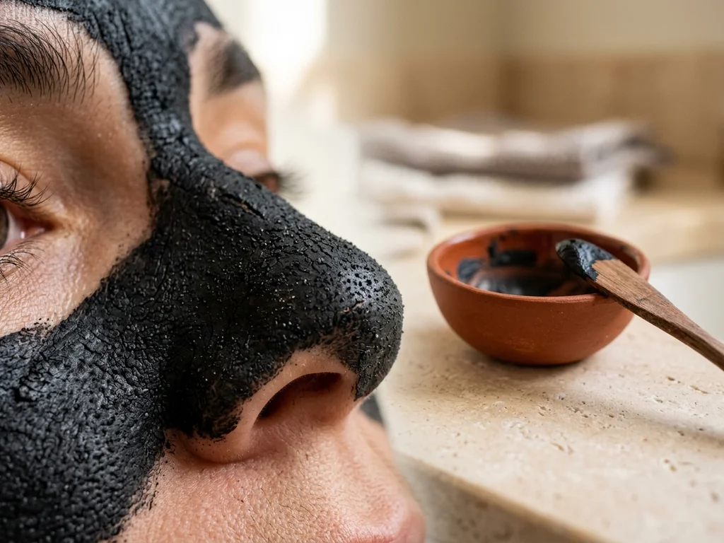 Masque à l'argile noire sur le nez pour purifier les pores et éliminer les comédons.