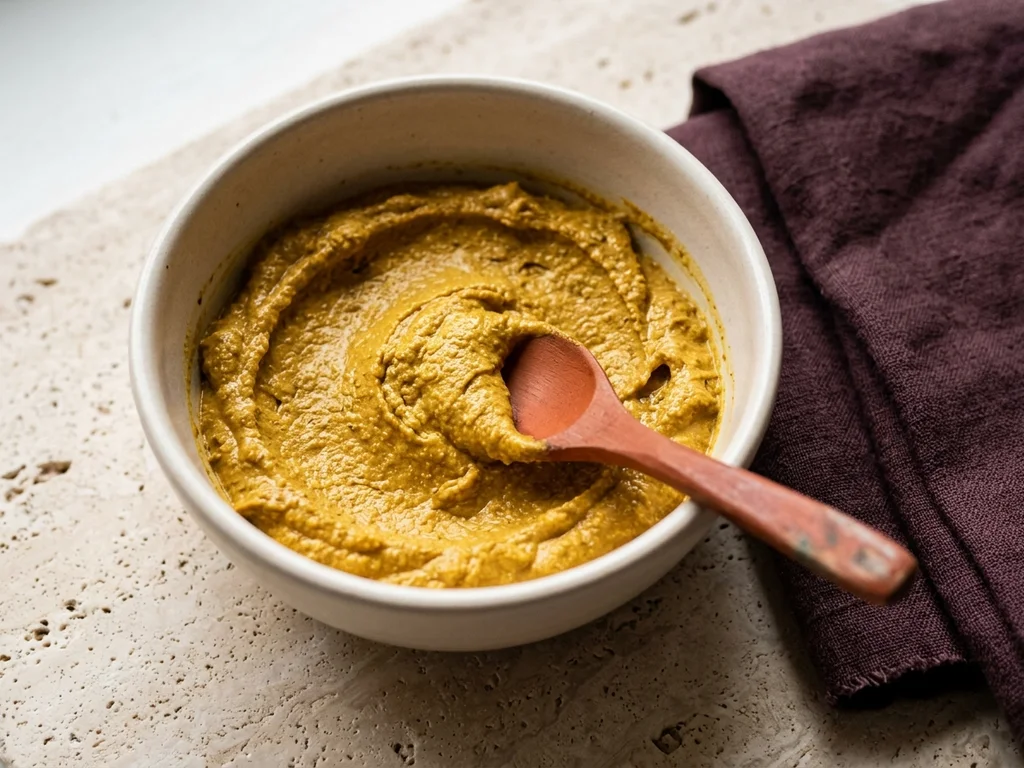 Masque onctueux au curcuma illustrant la douceur d'un soin visage fait maison avec amour.