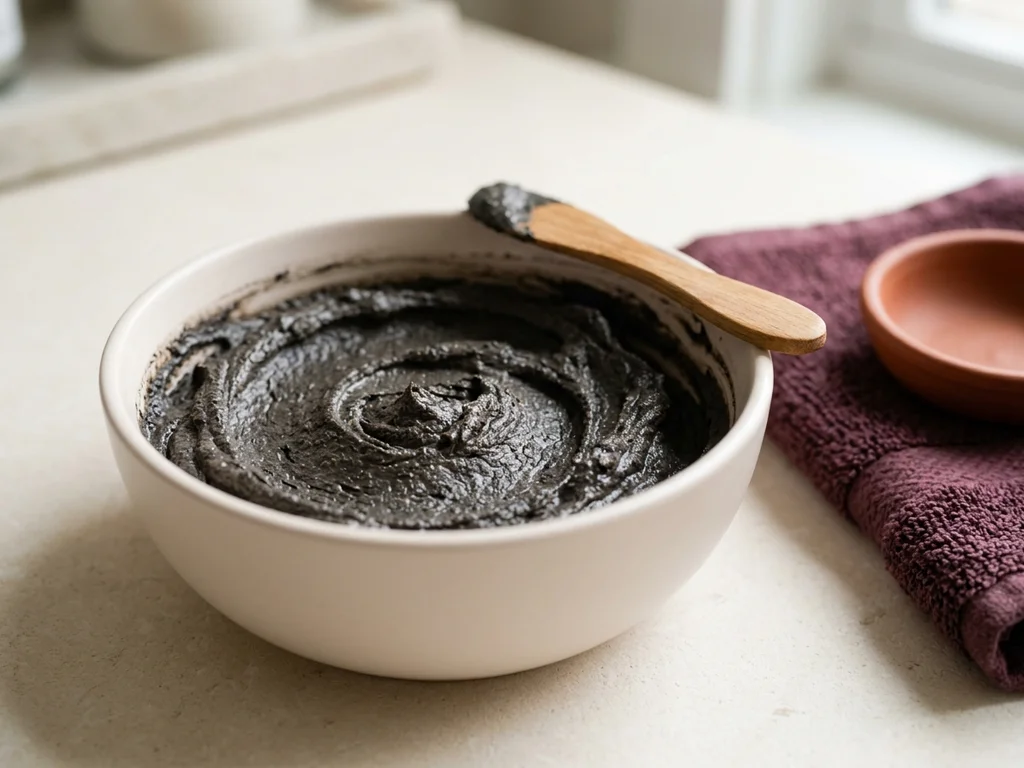 Préparation d'un masque maison au charbon dans un bol pour purifier les pores et points noirs.