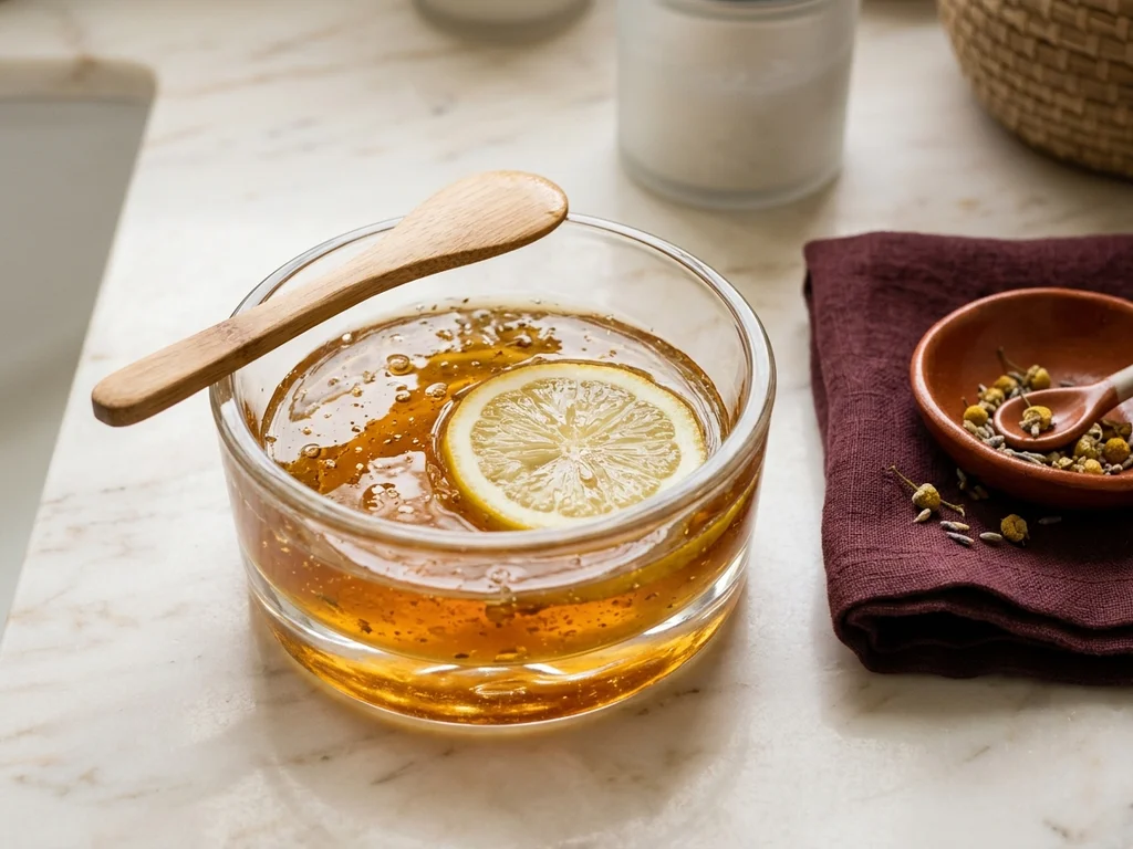 Mélange de masque maison au miel et citron dans un bol en verre pour hydrater.