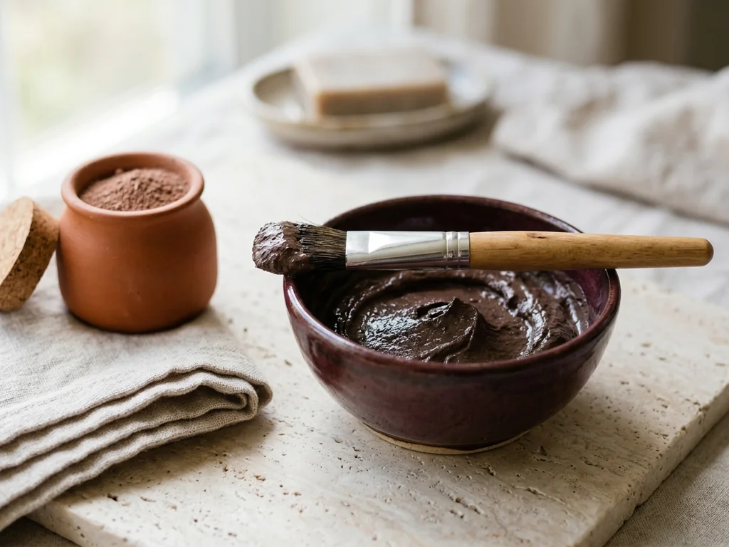 Masque au rhassoul et pinceau illustrant un rituel de soin maison bienveillant pour la peau.