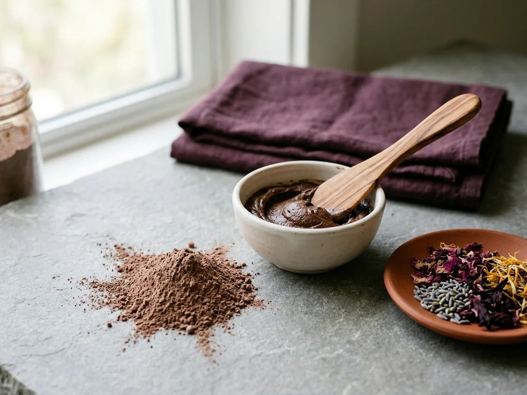 Poudre de Rhassoul et préparation onctueuse pour un soin purifiant visage naturel.