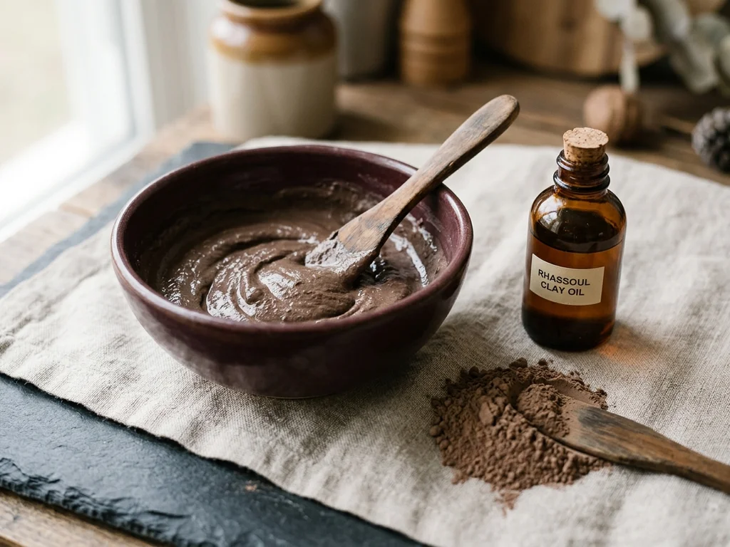 Bol de rhassoul et ingrédients naturels pour un masque visage purifiant et apaisant.